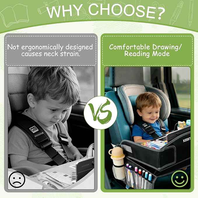 Kids Travel Tray for Car Lap Desk for Kids Ergonomic Elevated Angle Car Seat Tray with Cup Holder Storage Pockets Ideal Travel Essentials for Long Trips