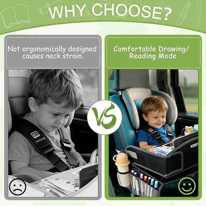 Kids Travel Tray for Car Lap Desk for Kids Ergonomic Elevated Angle Car Seat Tray with Cup Holder Storage Pockets Ideal Travel Essentials for Long Trips
