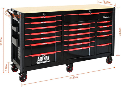 72-Inch Garage Cabinets and Storage System with 19 Drawers Rolling Tool Chest Large Mobile Workbench Heavy Duty Wood Top Tool Cart on Wheels for Garage, Workshop, Warehouse, Laboratory