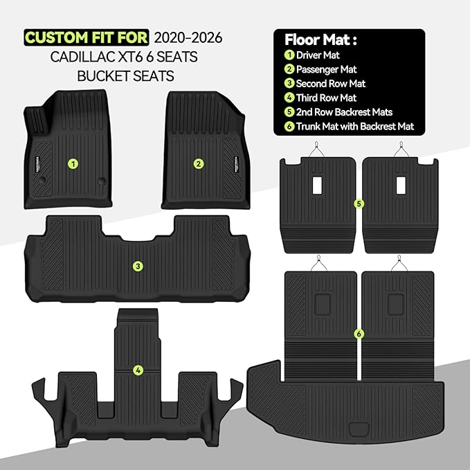 Tongama-Floor Mats for 2020-2026 Cadillac XT6 6 Seats with Bucket Seat, All Weather TPE Floor Liners & 2nd Backrest Mats & Trunk Mat with Backrest Mat for Cadillac XT6 Waterproof Interior Accessories