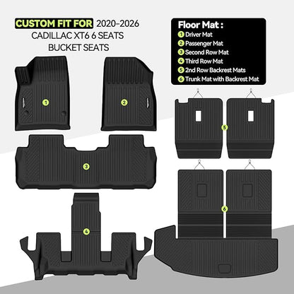 Tongama-Floor Mats for 2020-2026 Cadillac XT6 6 Seats with Bucket Seat, All Weather TPE Floor Liners & 2nd Backrest Mats & Trunk Mat with Backrest Mat for Cadillac XT6 Waterproof Interior Accessories