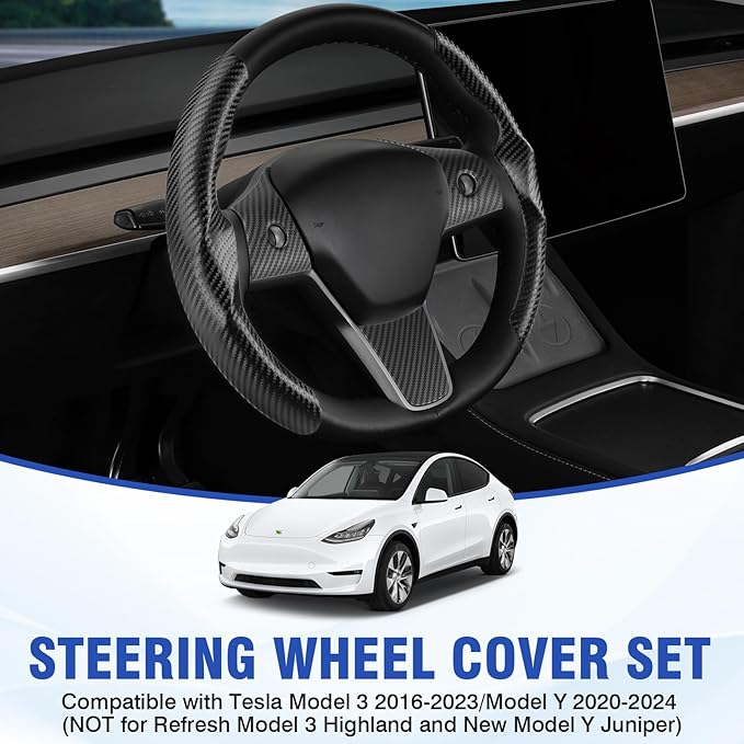 Steering Wheel Cover for Tesla Model 3/ Model Y Carbon Fiber Steering Wheel Wrap Kit Anti-Slip Steering Wheel Trim Protector Sticker Decoration Interior Accessories Black 5PCS