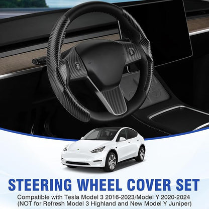 Steering Wheel Cover for Tesla Model 3/ Model Y Carbon Fiber Steering Wheel Wrap Kit Anti-Slip Steering Wheel Trim Protector Sticker Decoration Interior Accessories Black 5PCS