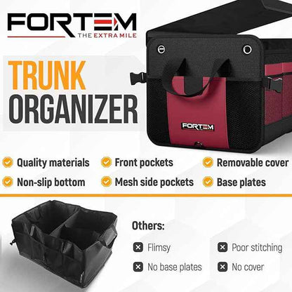 FORTEM Trunk Organizer For SUV Car Organizer and Storage, Multi-Compartment Storage Bag Car Accessories for Women Men, Perfect Christmas Gifts, 1680D Oxford, Non Slip Bottom, Straps, Soft Cover (90L)