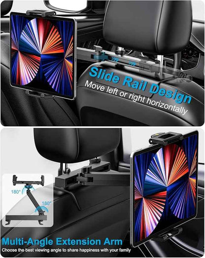 Car Back Seat Tablet Holder, [Thick Case Friendly] Car Headrest Tablet Mount Stand with Extension Arm, Road Trip Essentials for Kid, Fits iPad Pro 12.9 Air Mini, Tab, iPhone, 6.1-13" Device