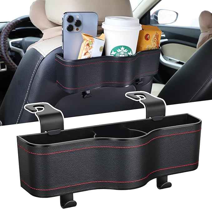 Backseat Car Organizer, Multifunctional Back Seat Car Organizer with Cup Holder and 2 Seat Back Hooks for Snacks, Canned Drinks and Cell Phones