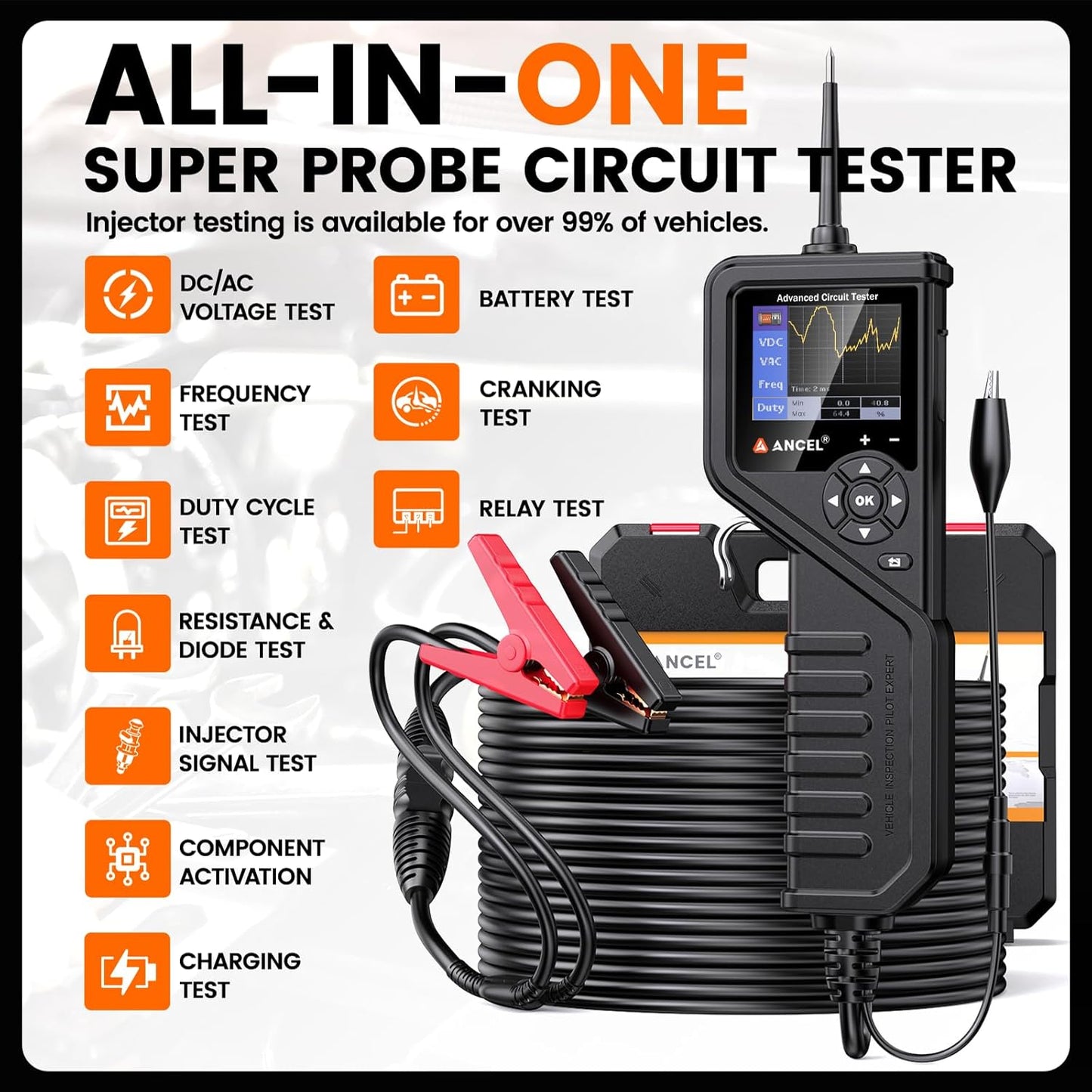 ANCEL PB600 Power Circuit Probe Tester with Battery, Relay, Injector Test, 8-35V Automotive Electrical Circuit Tester, Multimeter/Oscilloscope/Ohmmeters Power Circuit Probe Kit, 30FT Cable