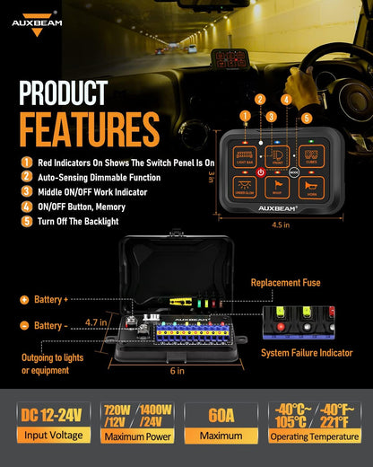 Auxbeam 6 Gang Switch Panel Bluetooth RGB AR-600 with Toggle Momentary Pulsed Modes Multifunctional Switch pod with Manual and Automatic Backlit Control Boat Switch Panel for Truck Car ATV Waterproof