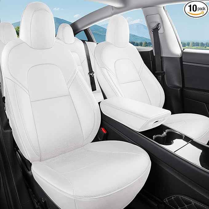 Tesla Model 3 Car Seat Covers Nappa Leather Car Interior Seat Airbag Compatible Cushion Cover Full Set Custom Fit 2023 2022 2021 2020 2019 2018, Nappa White