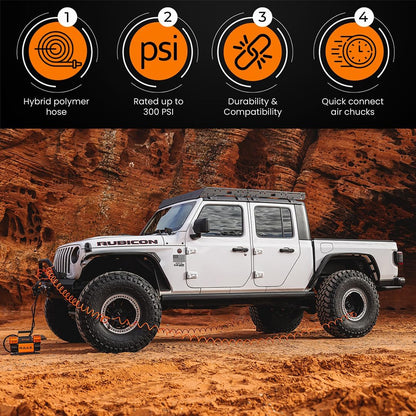 EZ FLATE 4 Tire Hose System | Heavy Duty | Truck or Car Tires | UTV Side By Side Tires | Fast Inflation | 4 Tires at Once | Auto Equalize | Quick Connest Air Chucks (Recoil Hose System)