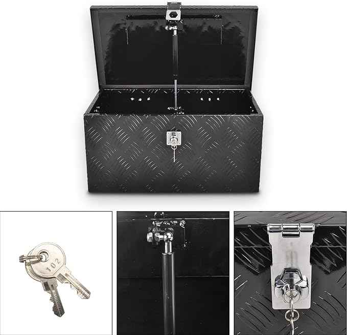 20 Inch Black Aluminum Tool Box 5 Bar Tread Flatbox for Truck Car Outdoor Trailer Pickup Underbody RV ATV Storage Tools Organizer with Lock Side Handle and Keys (20"X12"X9.5")