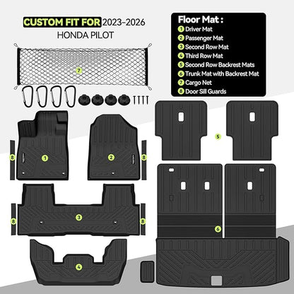 Tongama-Floor Mats for 2023-2025 2026 Honda Pilot, All Weather TPE Trunk Mat with Backrest Mat & 2nd Row Backrest Mats Protector & Cargo Net & Door Sill Guards for Honda Pilot Floor Liner Accessories