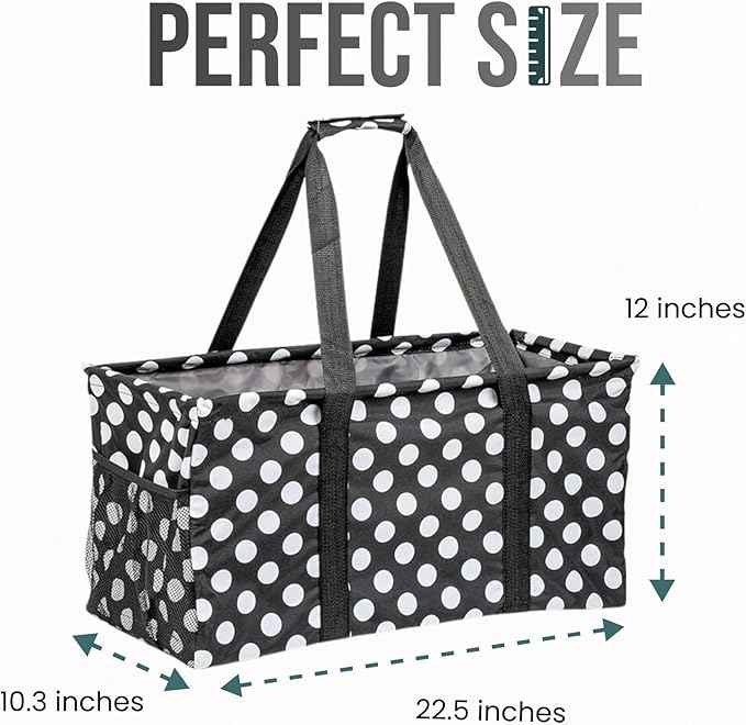 Extra Large Utility Tote Bag - Oversized Collapsible Reusable Wire Frame Rectangular Canvas Basket With Two Exterior Pockets For Beach, Pool, Laundry, Car Trunk, Storage - White Polka Dot