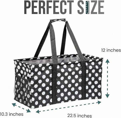 Extra Large Utility Tote Bag - Oversized Collapsible Reusable Wire Frame Rectangular Canvas Basket With Two Exterior Pockets For Beach, Pool, Laundry, Car Trunk, Storage - White Polka Dot