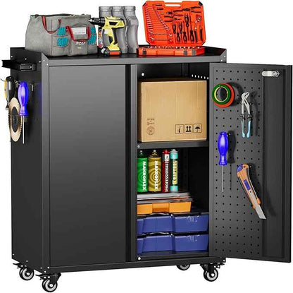 Aobabo 31.5" H Garage Storage Cabinet with Wheels,Lockable Metal Storage Cabinet with 2 Doors for Garage Home Office Storage,Black,Assembly Required