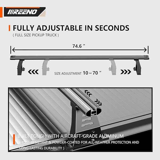Adjustable 74.6" Truck Bed Rack Cross Bars (2PCS), Heavy-Duty Aluminum T-Slot Crossbars for Full-Size Trucks, Compatible with Retractable Tonneau Covers with Rail System, Kayak & Bike Racks