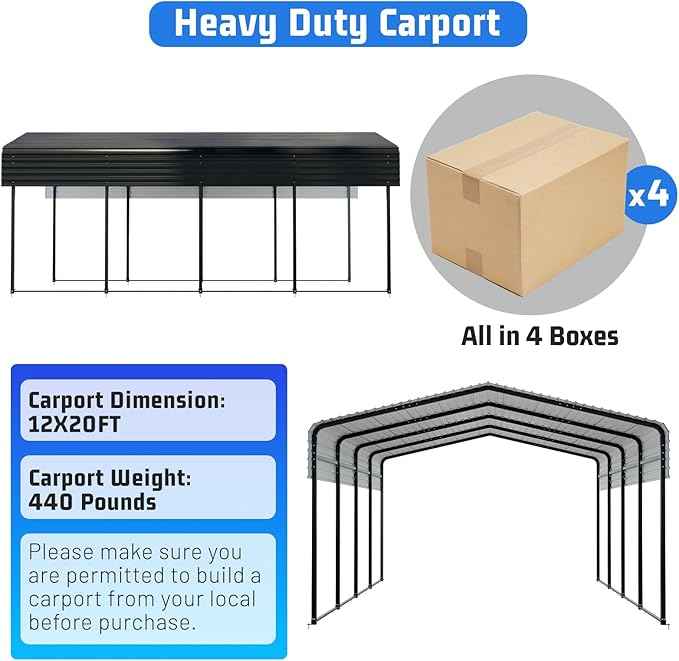 12x20FT Heavy Duty Metal Carport with Canopy, Galvanized Steel Frame & Roof with Reinforced Base, All-Weather Protection for Vehicles, Boats and Outdoor Storage
