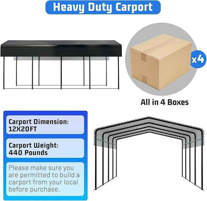 12x20FT Heavy Duty Metal Carport with Canopy, Galvanized Steel Frame & Roof with Reinforced Base, All-Weather Protection for Vehicles, Boats and Outdoor Storage