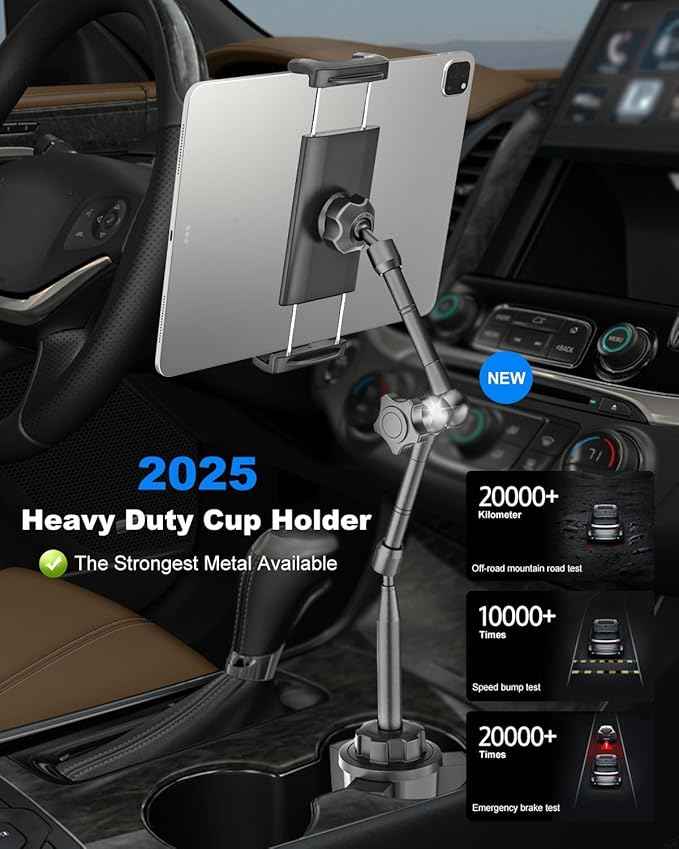Heavy Duty Cup Holder Tablet Mount wiht Adjustment Metal Arm, iPad Cup Holder Mount for Suvs, Trucks, Compatible with iPad Pro Air Mini, iPhone, Galaxy Z Fold, 4-13" Devices