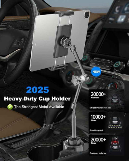 Heavy Duty Cup Holder Tablet Mount wiht Adjustment Metal Arm, iPad Cup Holder Mount for Suvs, Trucks, Compatible with iPad Pro Air Mini, iPhone, Galaxy Z Fold, 4-13" Devices
