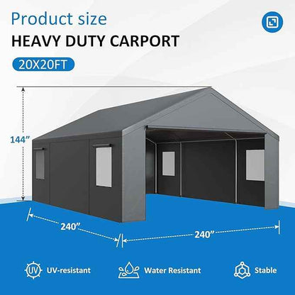 Polar Aurora 20x20 FT Heavy Duty Carport with All-Season Tarp, Portable Garage Tent with Roll-Up Windows & Side-Opening Door, Enclosed Car Port Canopy with Galvanized Frame for Car, SUV, Truck, Boat