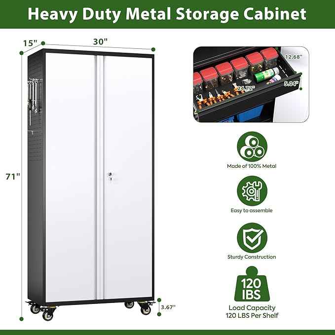 Aobabo Garage Storage Cabinet with Wheels, Metal Storage Cabinet with 1 Drawer for Home,Garage,Assembly Required,Black&Grey