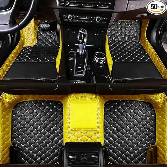 Custom Car Floor Mats for 99.99% Sedan SUV Sports Car Men Women Protection Full Coverage Pads Anti-Slip Leather Floor Lining All Weather Car Floor Mats (Edge Yellow, Black, Beige)