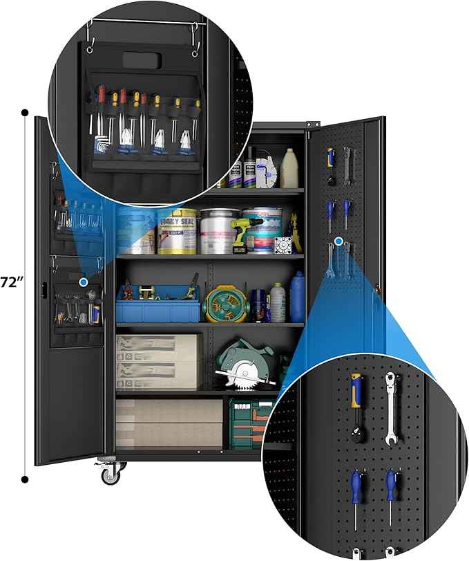 Aobabo Upgraded Wide & Deep Garage Storage Cabinet with Wheels, Metal Storage Cabinet with Door Pegboards and 2 Rod for Garage Home Storage (Black, 43.3''W x 21.9''D x 72''H),Required Assembly