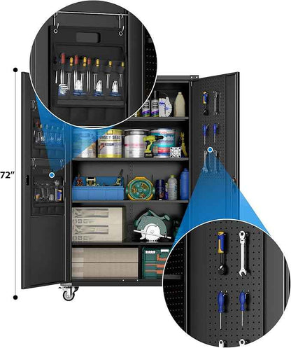 Aobabo Upgraded Wide & Deep Garage Storage Cabinet with Wheels, Metal Storage Cabinet with Door Pegboards and 2 Rod for Garage Home Storage (Black, 43.3''W x 21.9''D x 72''H),Required Assembly