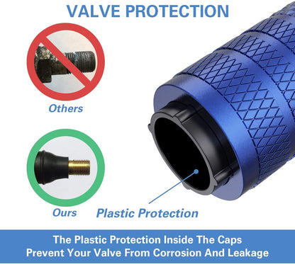 CKAuto Tire Valve Stem Caps, Blue, 4 pcs/Pack, Anodized Aluminum Tire Valve Cap Set, Corrosion Resistant, Universal Stem Covers for Cars Trucks Motorcycles SUVs and Bikes