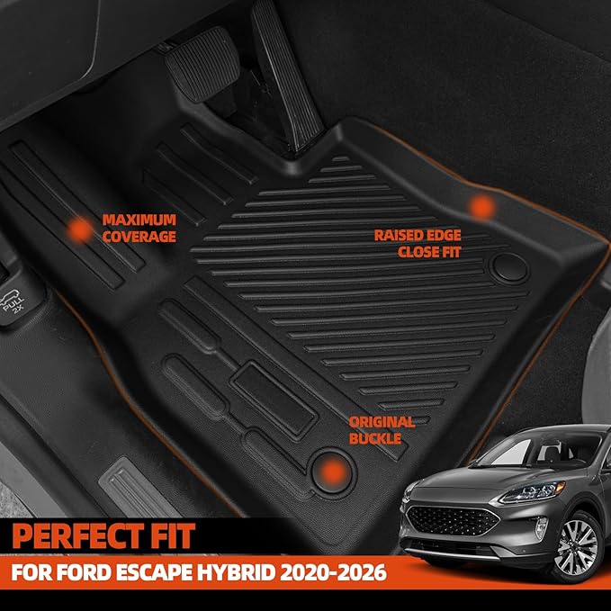 Custom Fit Floor Mats for Ford Escape Hybrid 2020-2025 2026, All Weather TPE Floor Liners with Trunk Mat & Backrest Protectors, Odorless Full Set Interior Accessories