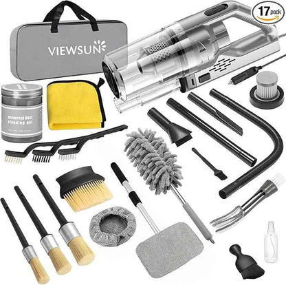 Viewsun Car Cleaning Kit, 17PCS Car Interior Detailing Kit with Gray High Power Handheld Vacuum, Detailing Brush Set, Windshield Cleaner, Cleaning Gel, Complete Auto Accessories for Men, Women
