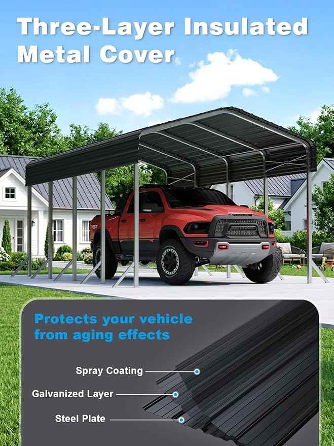 12x20Ft Heavy Duty Metal Carport – Outdoor Galvanized Garage, Sturdy Structure, All-Weather Protection, Easy Assembly for Cars, Trucks, Boats, Tractors, and Outdoor Storage (Grey, 12x20FT)
