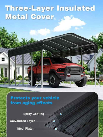 12x20Ft Heavy Duty Metal Carport – Outdoor Galvanized Garage, Sturdy Structure, All-Weather Protection, Easy Assembly for Cars, Trucks, Boats, Tractors, and Outdoor Storage (Grey, 12x20FT)