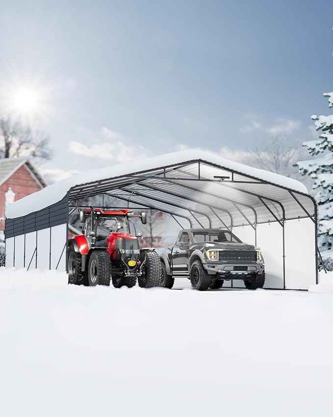 20x25FT Heavy Duty Metal Carport,Outdoor Portable Car Garage w/Led Light,Removable PE SideReinforced Base & Galvanized Steel Roof, Outdoor Car Port Canopy Shelter for Boats, Trucks