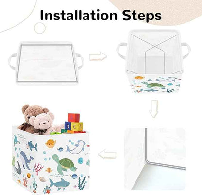 Clastyle Ocean Animals Storage Cube Organizer Set Handle Closet Clothes Cube with Metal Frame Foldable Parents Organizer Storage Basket for Book Toy,White,11.8x11.8x11.8 in