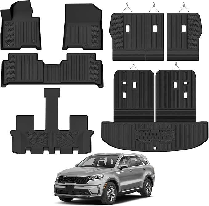 Custom Fit Floor Mats for Kia Sorento Hybrid 7 Seats/Bench Seats 2021-2026, All Weather TPE Floor Liners with Trunk Mat & Backrest Protectors, Odorless Full Set Interior Accessories