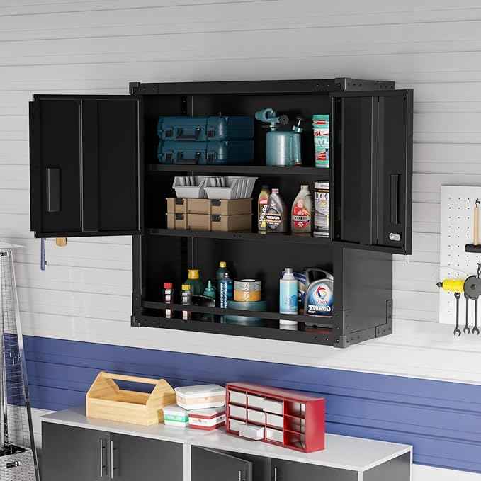 VINGLI Garage Wall Cabinet with Locking Doors and Adjustable Shelf, Metal Wall Cabinet, Floating Upper Storage Cabinet (Black, 30''W x 12''D x 30''H)