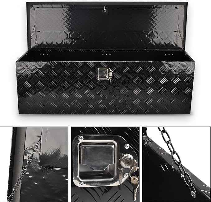 48 Inch Black Aluminum Tool Box 5 Bar Tread ToolBox for Truck Bed Car Outdoor Trailer Pickup Underbody RV ATV Storage Underbed Tools Organizer with Lock and Keys (48"X15"X15")