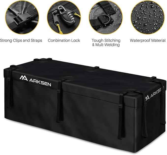 ARKSEN Waterproof Hitch Cargo Carrier Bag with Combination Lock for Truck SUV RV Trailer- Include Net, Heavy Duty Stainless Steel Hitch Tightener, Anti-Rattle Stabilizer, 2 pcs 19.7Ft Straps
