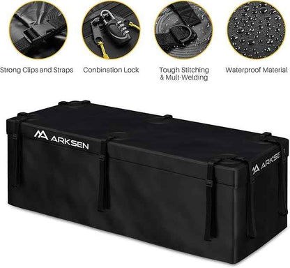 ARKSEN Waterproof Hitch Cargo Carrier Bag with Combination Lock for Truck SUV RV Trailer- Include Net, Heavy Duty Stainless Steel Hitch Tightener, Anti-Rattle Stabilizer, 2 pcs 19.7Ft Straps