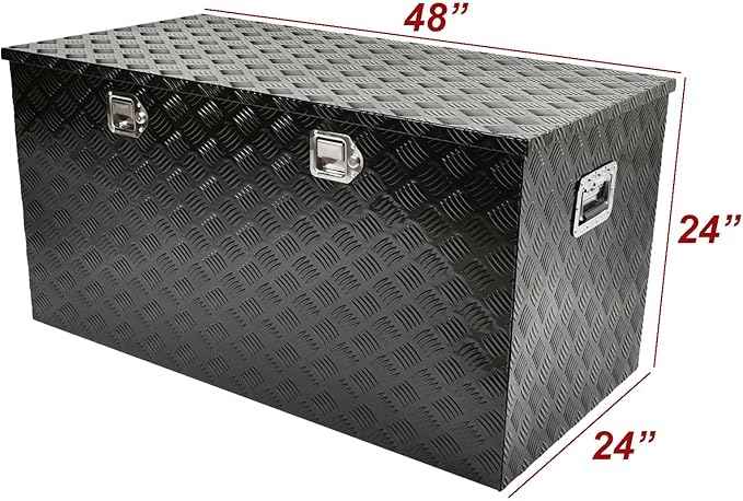 48 Inch Black Aluminum Tool Box 5 Bar Tread Chest Box Flatbox for Truck Car Outdoor Trailer Pickup Underbody RV ATV Storage Bed ToolBox w/Lock and Keys, Side Handle (48"x24"x24")