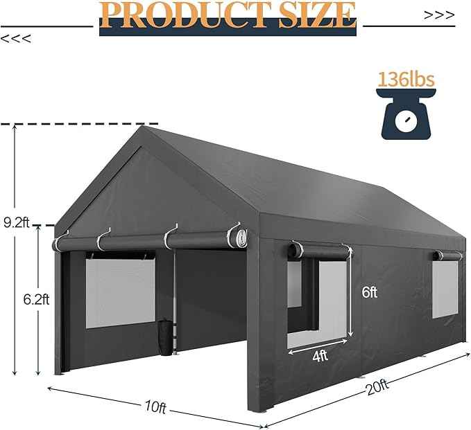 Shintenchi Carport 10' x 20' Heavy Duty Portable Garage, Carport Canopy with Side-Opening Door & Roll-Up Windows, Car Canopy for Truck,Car,Grey