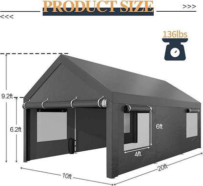 Shintenchi Carport 10' x 20' Heavy Duty Portable Garage, Carport Canopy with Side-Opening Door & Roll-Up Windows, Car Canopy for Truck,Car,Grey