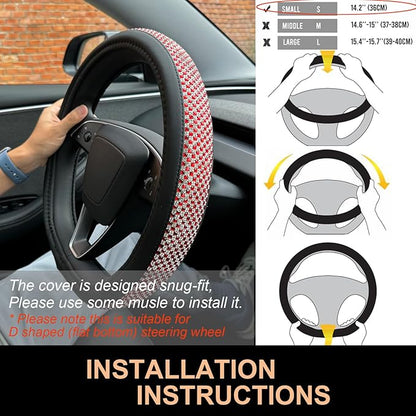 PINCTROT Bling Comfy Steering Wheel Cover for Tesla Model Y/3 Highland/Juniper, D Shaped 14 Inch Small Sized with Jumbo Crystal Rhinestones, Flat Bottom with Anti-Slip Diamond Leather (Red)