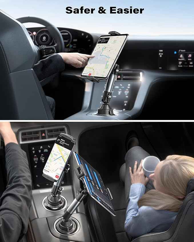 A2C Heavy-Duty iPad Holder for Car Cup Holder, 5.5" Stable & Adjustable Aluminum Alloy Arm, Tablet Mount for Car Truck Road Trip Essentials Compatible with 4.7"-13" Cell Phones & Tablets