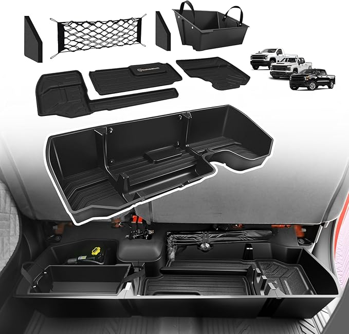 Under Seat Storage Box for 2019-2025 2026 Chevy Silverado 1500/2500/3500HD (No fit for Rear Kicker Subwoofer) Upgrade Detachable Custom Fit Rear Underseat Organizer with TPE Mat
