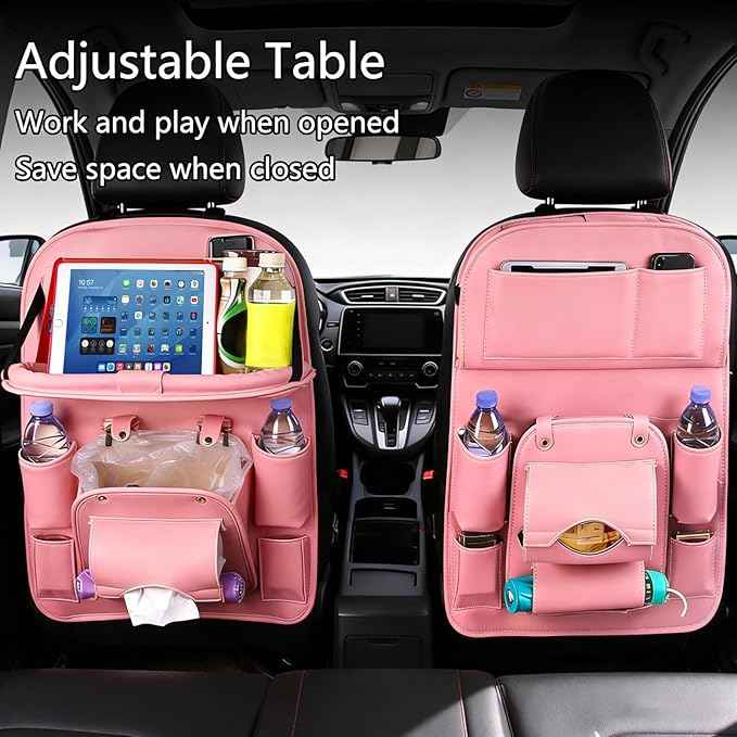Car Seat Organizer, Multifunctional Backseat Protector Mat, Storage Bag and Tray Rack, Trash Storage (Suitable for Cars, Children, Back of Seats, and Rear Seats) (Pink, Leather 1-Piece Set)