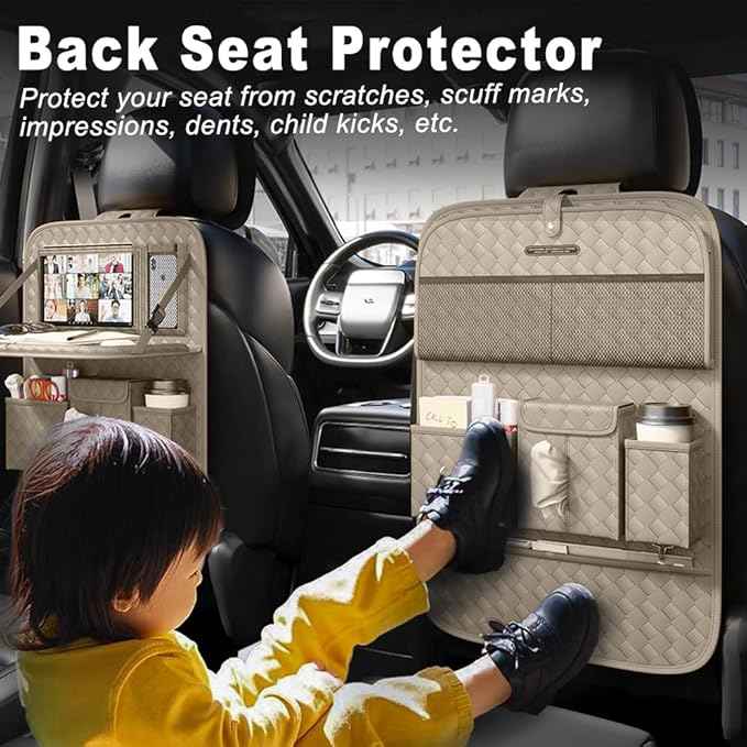 Car Seat Organizers,Multi-functional Back Seat Protectors, Storage Pouches, and Tray Holders (for Cars, Kids, Seat Back and Rear Seats) (Woven Beige, 1 Pcs)