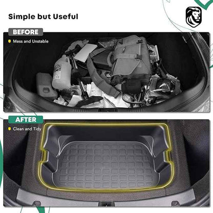 YHTAUTO Rear Trunk Organizer Compatible with Tesla Model Y 2020-2024 (For 5-Seater Only) Accessories, Waterproof Trunk Storage Bins Organizer Upper & Lower Dual Layer Rear Trunk Storage Box - Black